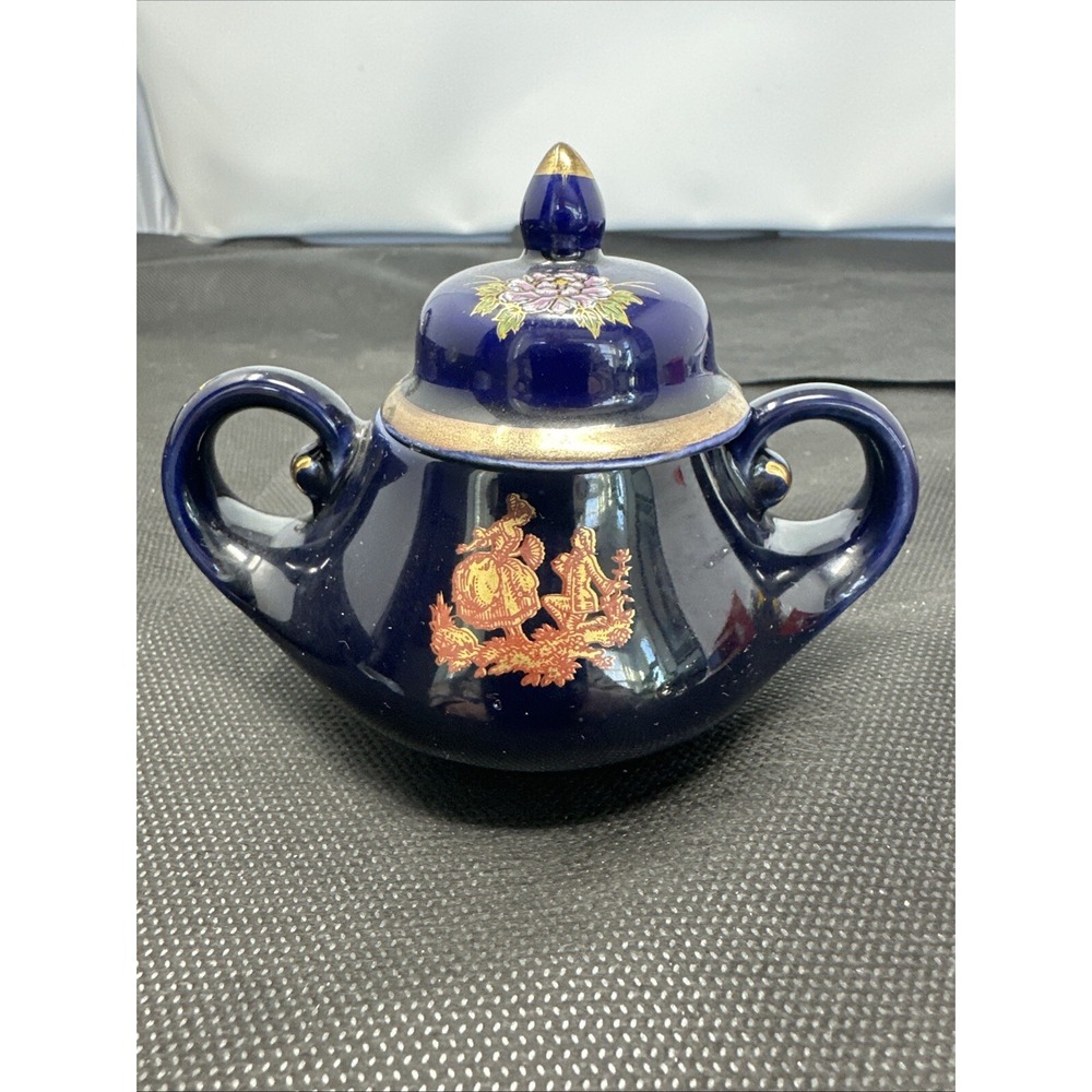 Vintage Limoges France Miniature Cobalt Blue Urn Sugar Bowl With Gold Trim